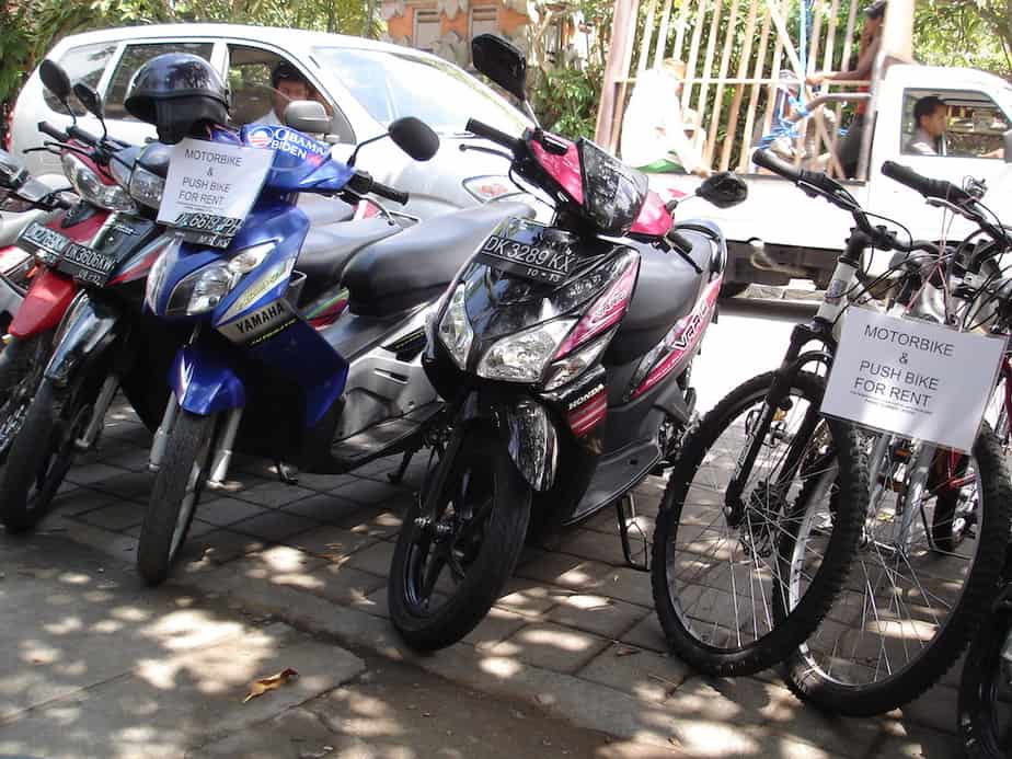 motor bikes and bicycles for rent on jalan raya in Ubud