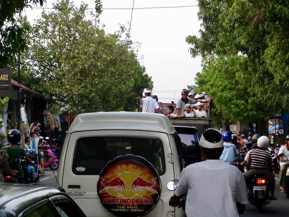 Balinese men and boys in the back of a truck on the way to a ceremony just outside Ubud