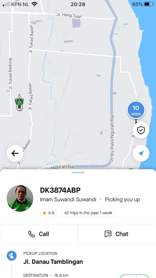 screenshot of driver's current location using Grab in Sanur