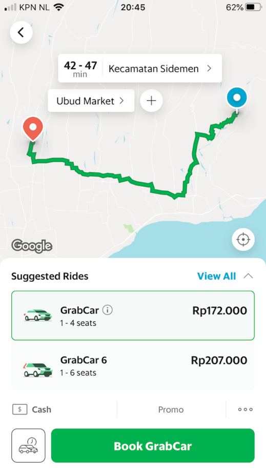 screenshot of the route Sidemen to Ubud with the Grab App