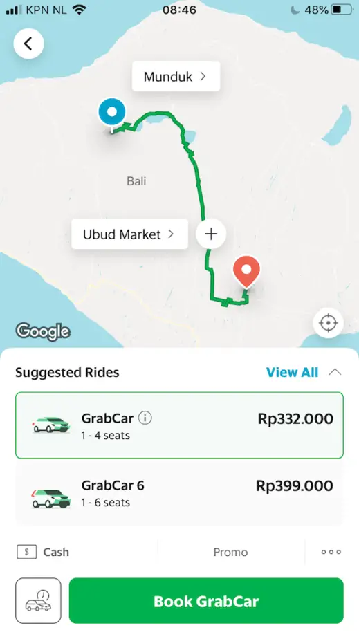 screenshot of Grab app from Munduk to Ubud