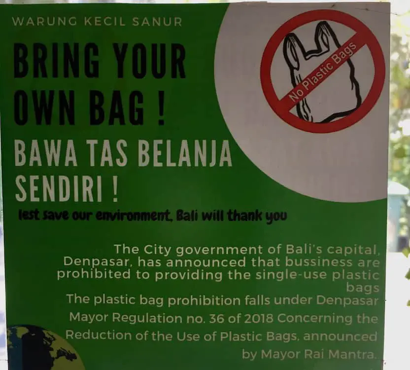 bring your own bag sign in Bali banning plastics