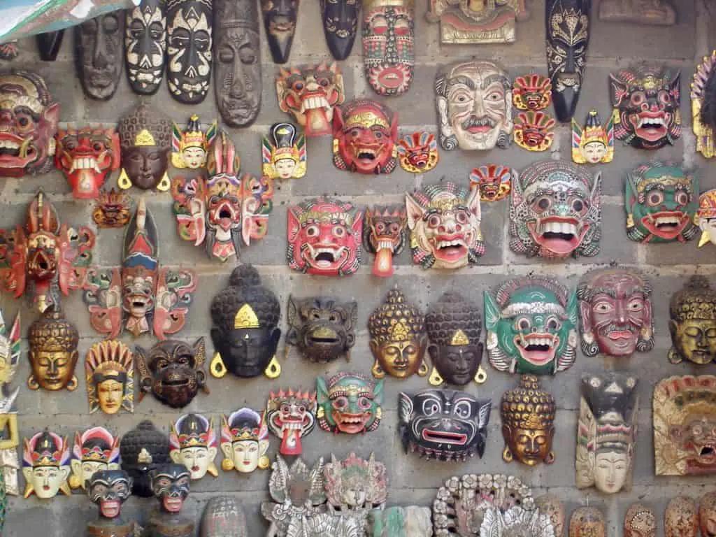 various Balinese masks on display at Tenganan village