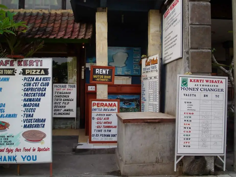 restaurant, money changer and tour company in one at Padangbai beach