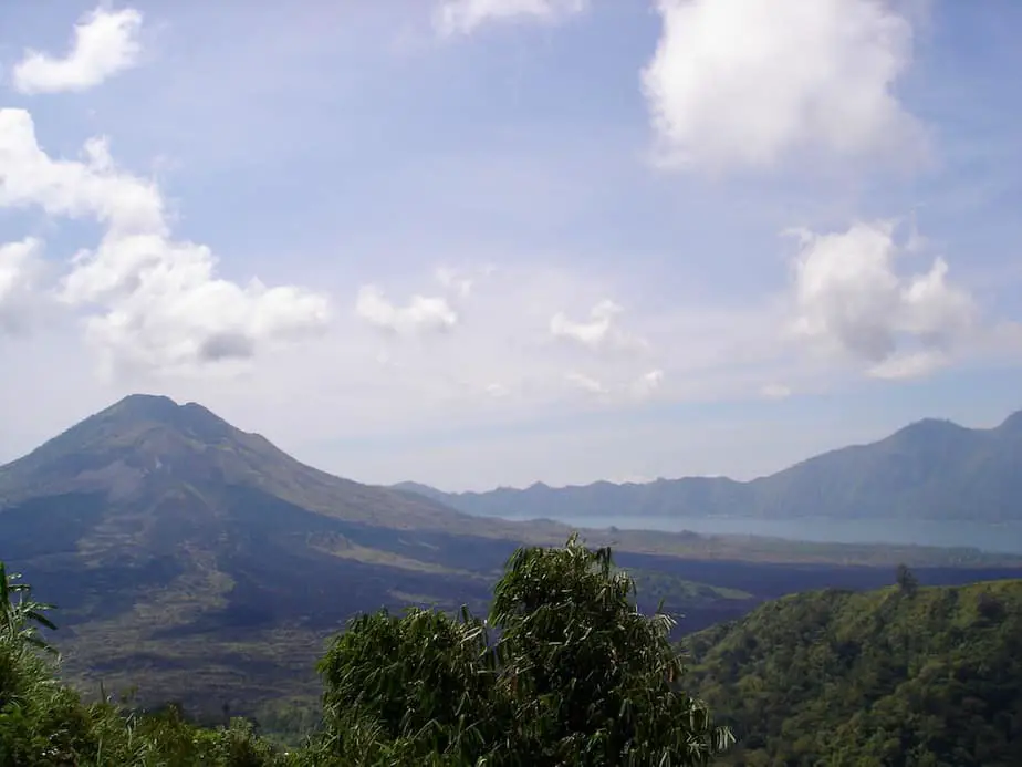 Mount Batur on the left and Lake Batur on the right