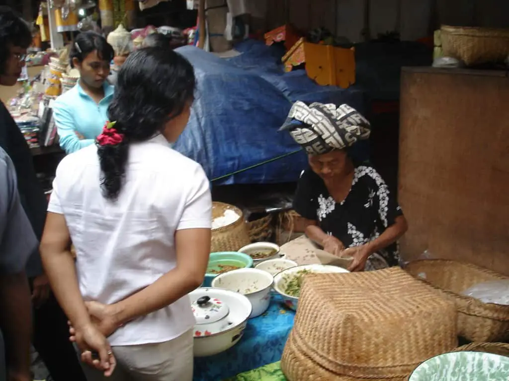 Balinese people buying takeaway food at the Ubud Market