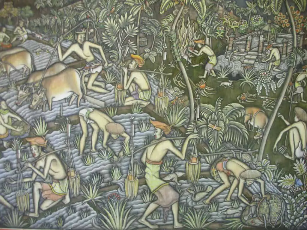 balinese painting of farmers working in the rice fields