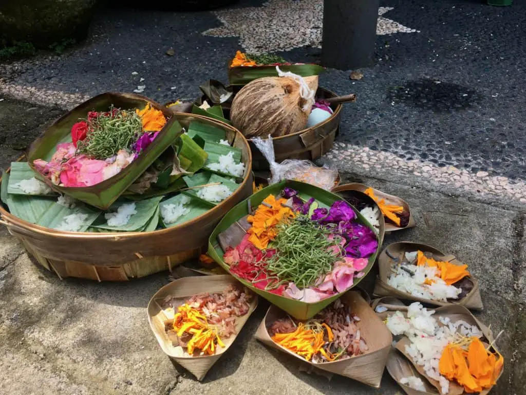 colourful offerings on the street in bali