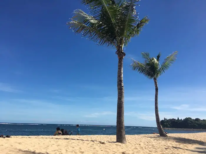 palm trees and soft white sand at geger beach in bali