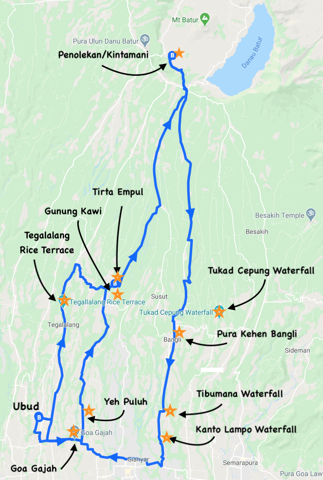 map of day trip 1 from Ubud