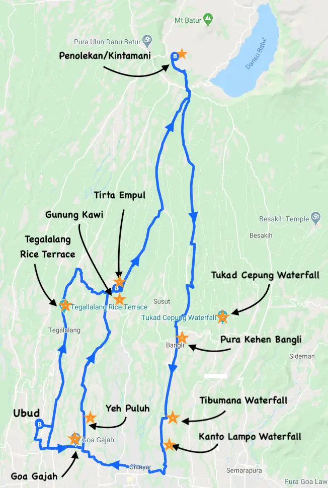 map of day trip 1 from Ubud