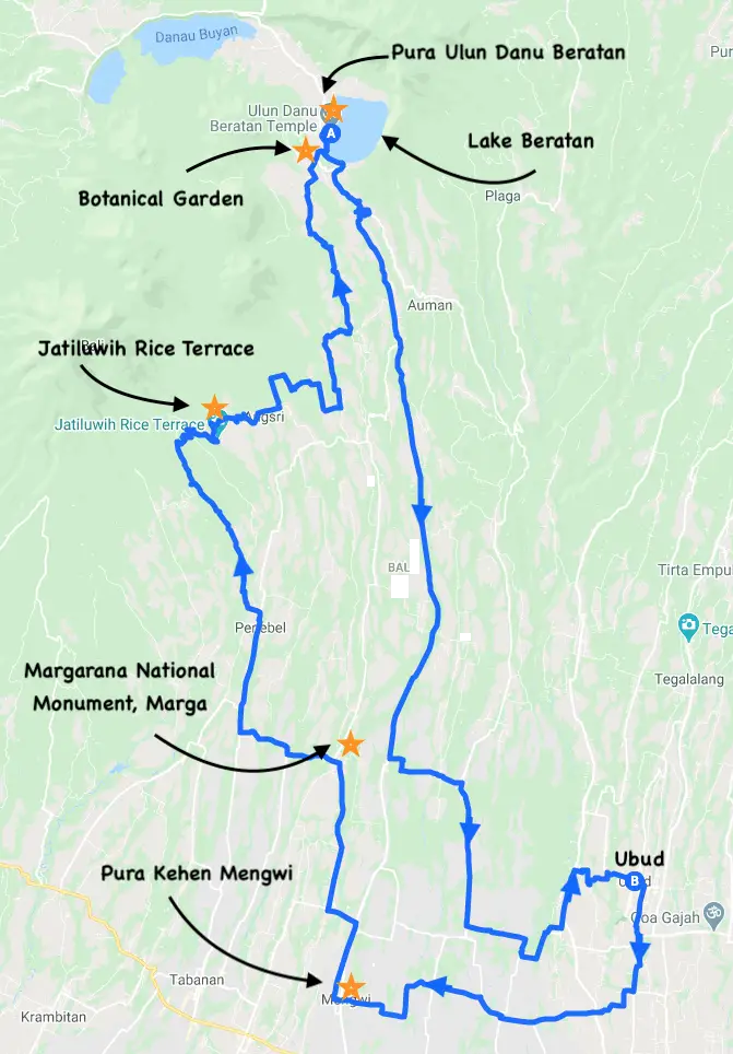 map of day trip 2 from Ubud