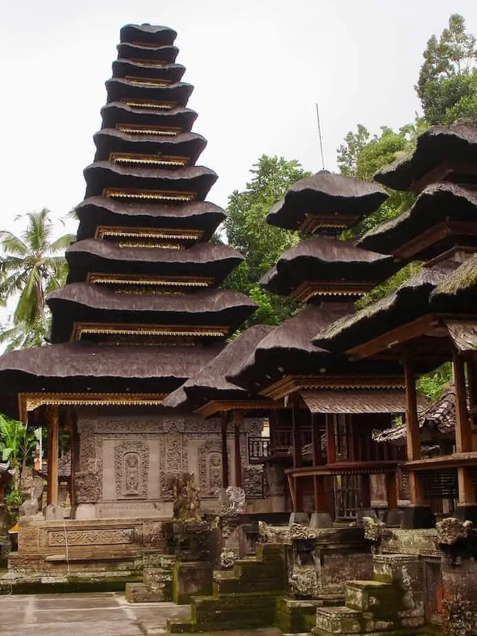 various meru (pagodas with roofs) at a temple in Bali