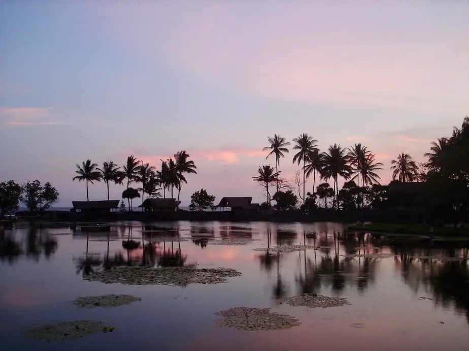 sunset at the candidasa beach lagoon and Gedong Gandhi Ashram 