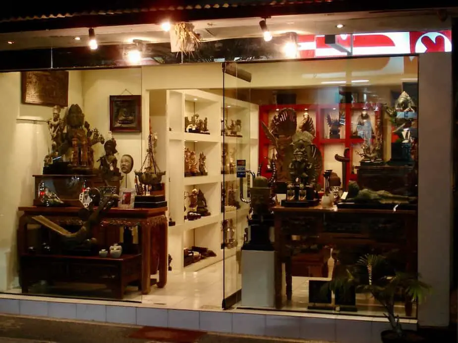 art shop with Balinese statues and masks along Monkey Forest Street