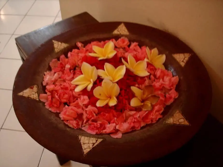 flower petals at the entrance of a spa in sanur