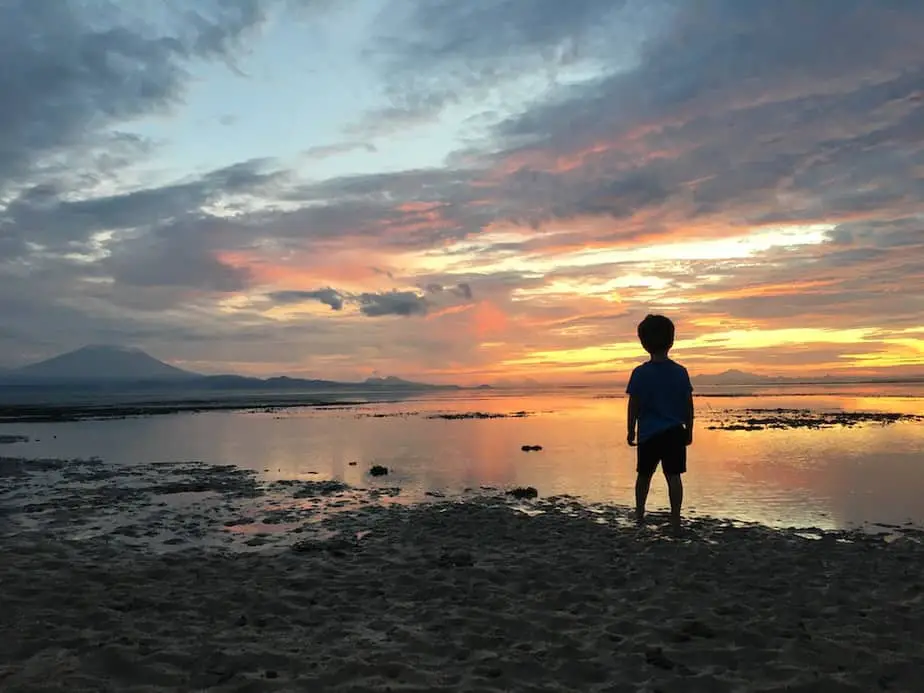 sunrise in Sanur and Mount Agung in the background