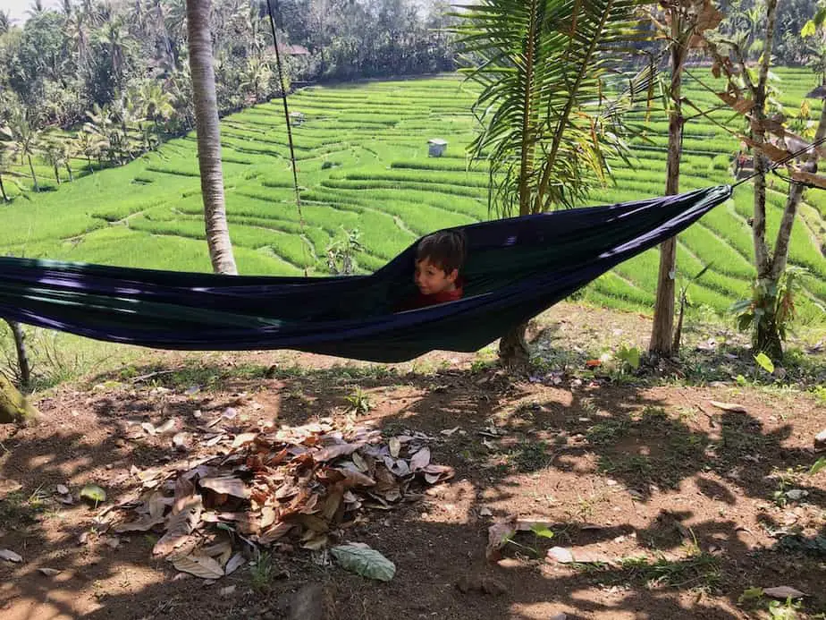 our little son in the hammock at the Sari Devi Ecolodge in Wongayagede