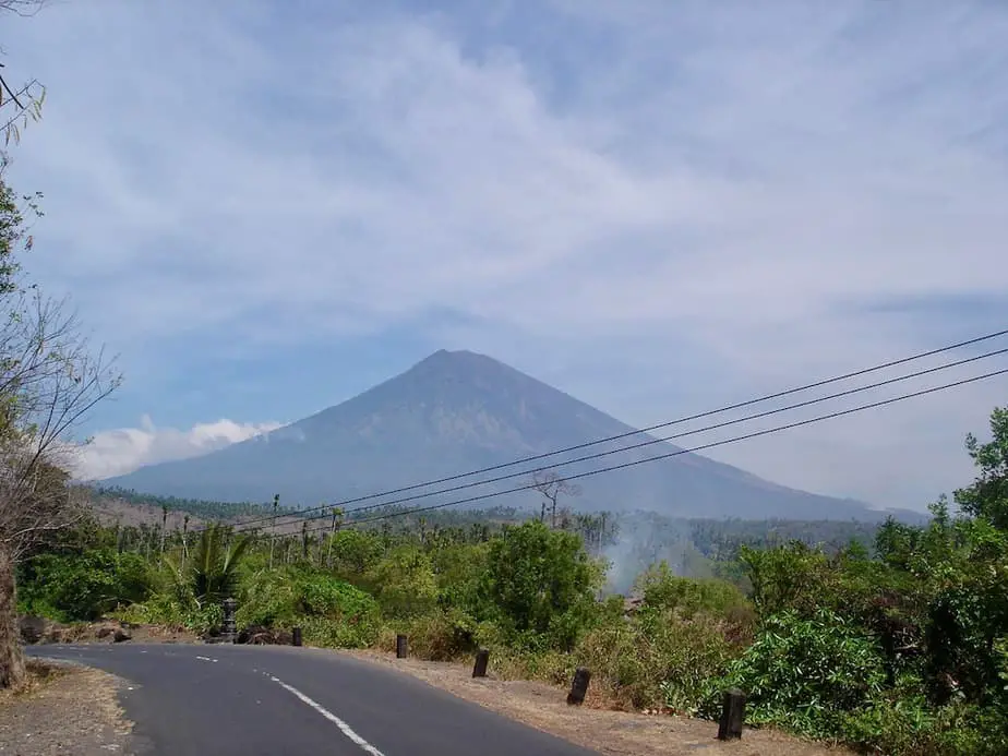 view of Gunung Agung from the diving village of Tulamben