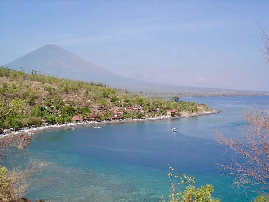 view of Mount Agung from one of the bays at Amed Beach