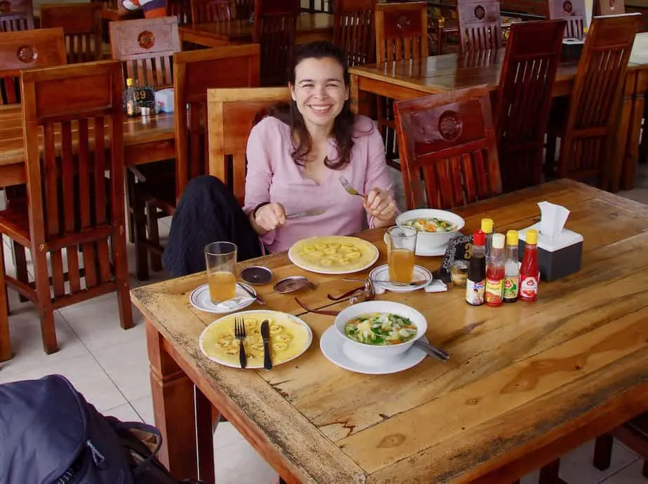 eating pancakes and vegetable soup in a restaurant in bedugul