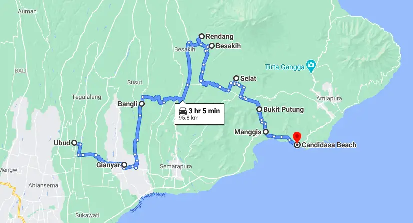 route from ubud to candidasa via rendang