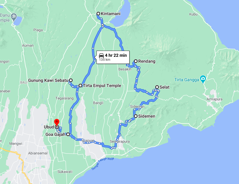 map of one of the routes around bali, ubud-kintamani-sidemen-ubud