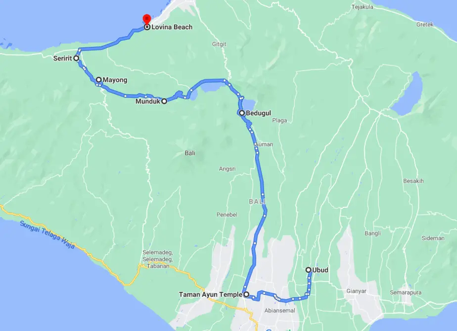 map of the route ubud-munduk-lovina beach