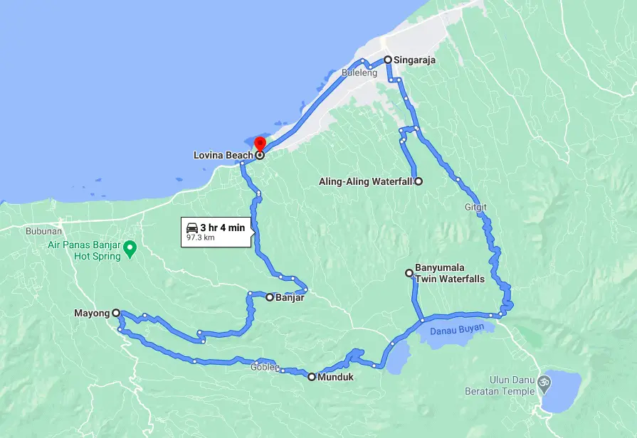 map of one of the routes around Bali from Lovina to Munduk, Singaraja and back to Lovina