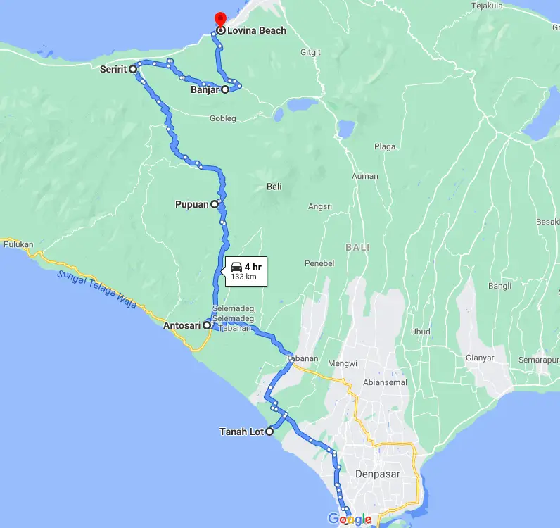 map of the west bali route from kuta to lovina beach via pupuan