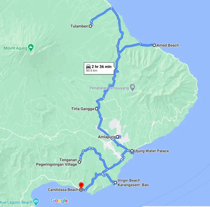 map of one of the routes around bali from tulamben to amed, tirtagangga, amlapura and candidasaa