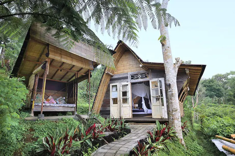 entrance to one of the eco-lodges at the Batukaru Coffee Estate in Jatiluwih