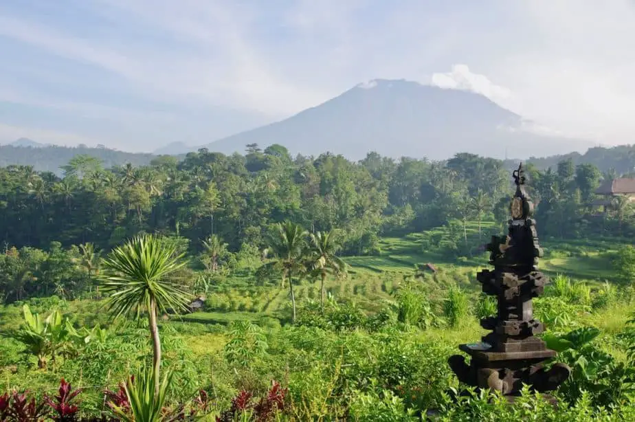 view on the rice fields and mount Agung from Sidemen in Bali